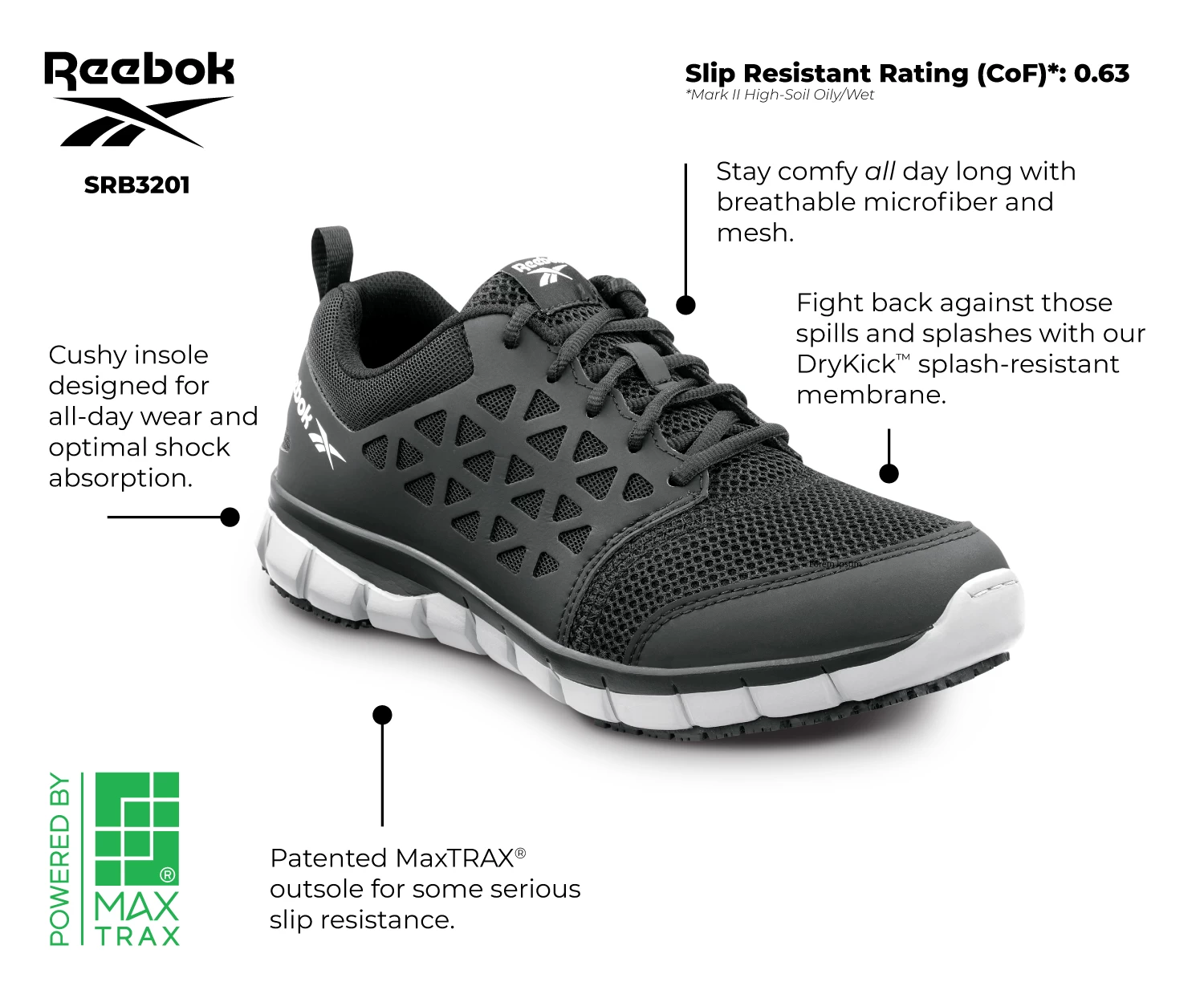 Reebok Work SRB3201 Sublite Cushion Work, Men's, Black/Gray, Athletic Style, MaxTRAX Slip Resistant, Soft Toe Work Shoe 4 Reebok Work SRB3201 Sublite Cushion Work, Men's, Black/Gray, Athletic Style, MaxTRAX Slip Resistant, Soft Toe Work Shoe - Image 2