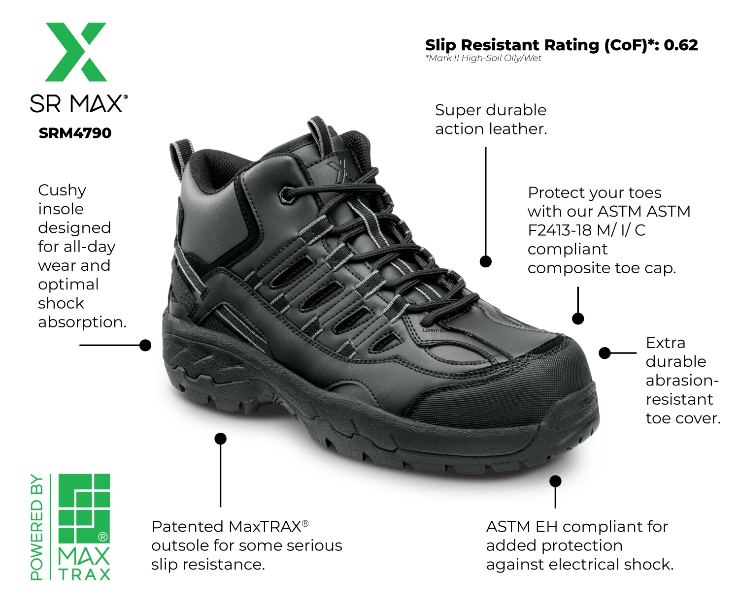SR Max SRM4790 Boone, Men's, Black, Hiker Style, Comp Toe, EH, MaxTRAX Slip Resistant, Work Shoe 4 SR Max SRM4790 Boone, Men's, Black, Hiker Style, Comp Toe, EH, MaxTRAX Slip Resistant, Work Shoe - Image 2